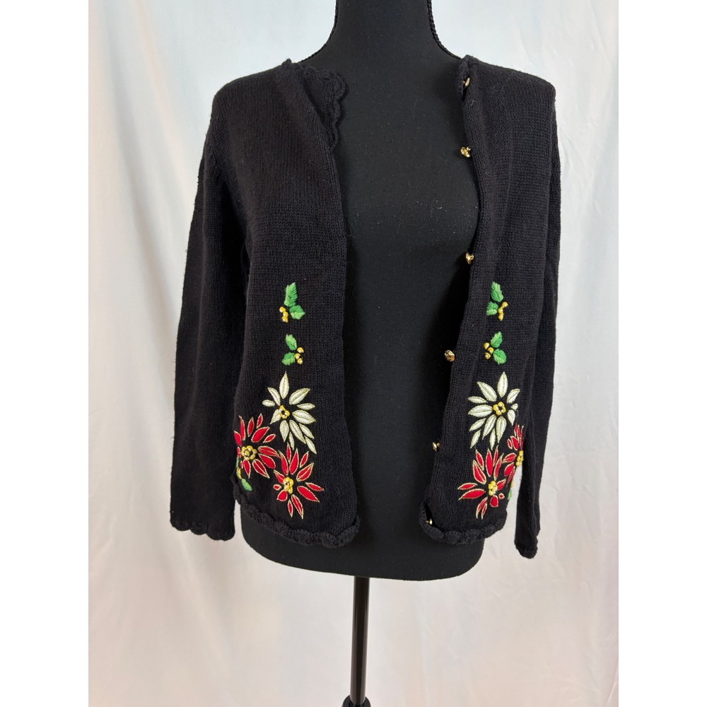 Copper Key Black Embroidered Poinsettia Holiday Cardigan Scalloped Trim Large 14